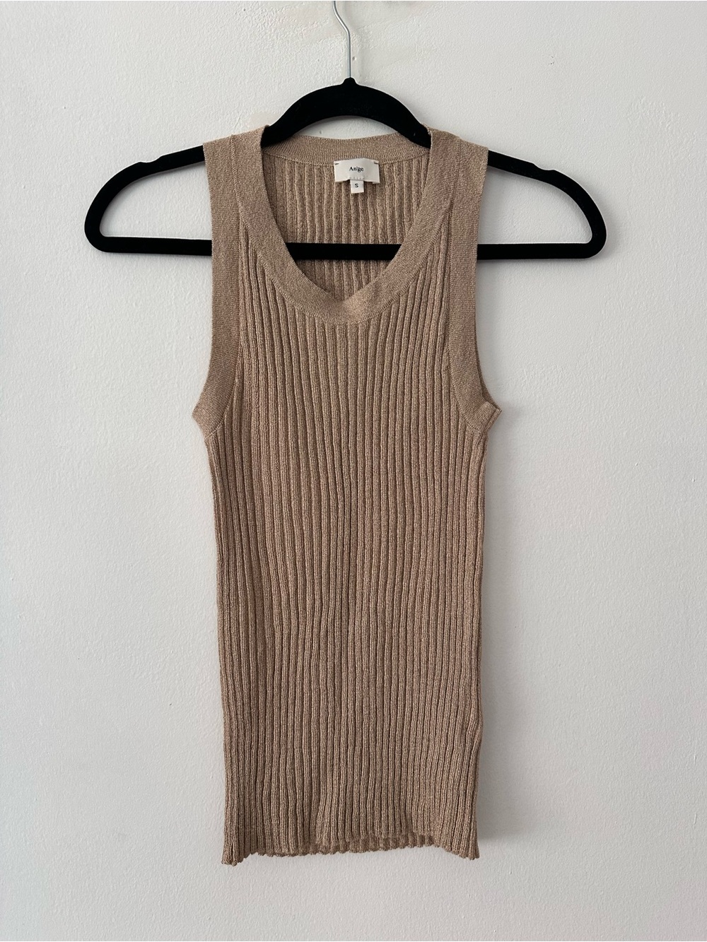 Ange Paris Laya Metallic Tank Top S Sand Beige Gold Shimmer Ribbed Knit Sleevele